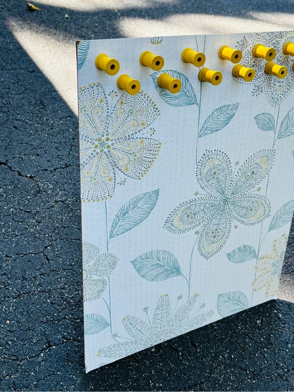 Jewelry Display, Floral Pattern Yellow Hook Panel in Teal and Gold.